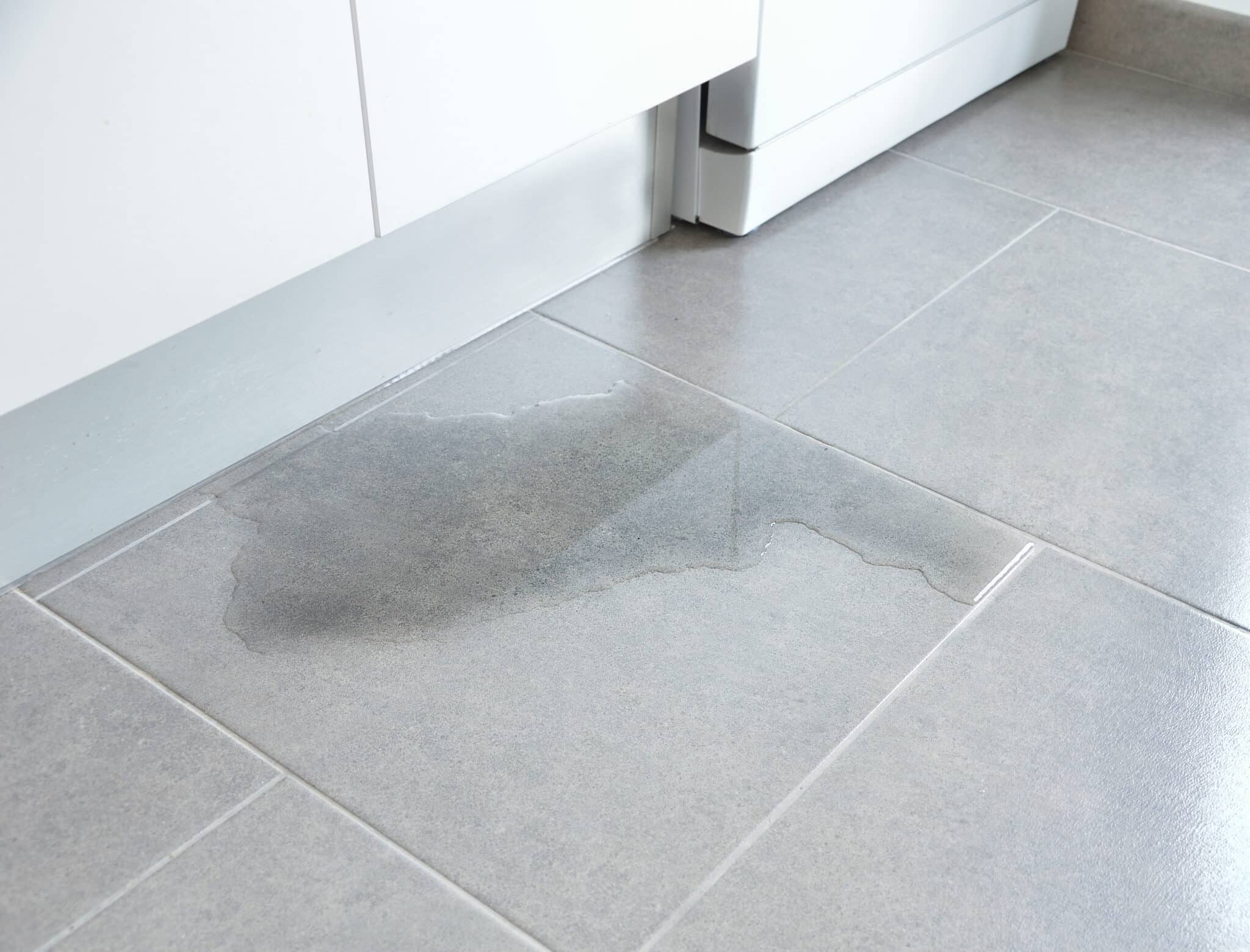 Close-Up Photo of Flooded Kitchen Floor from Slab Leaks.