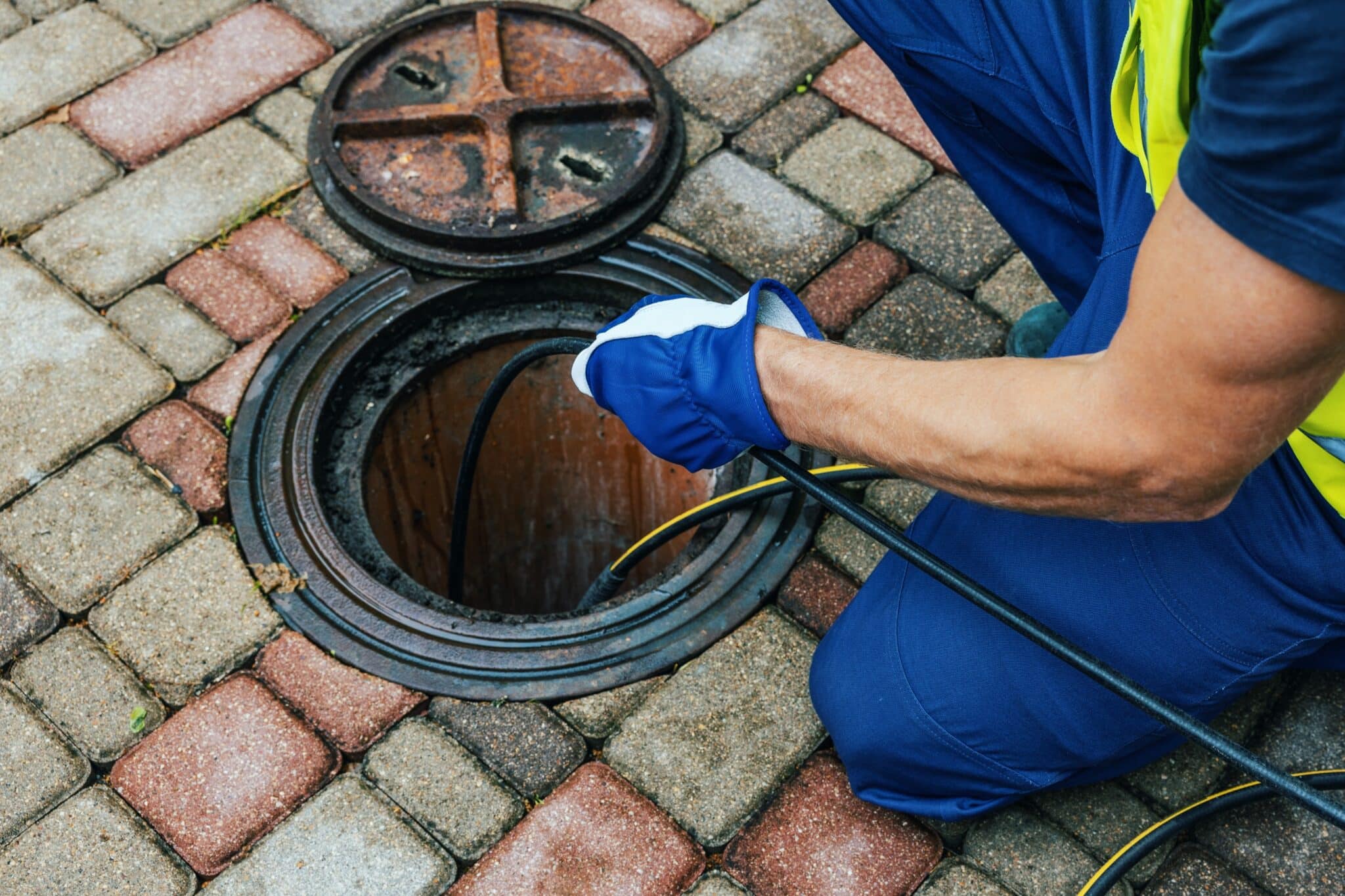 Cleaning blocked sewer line with hydro jetting.