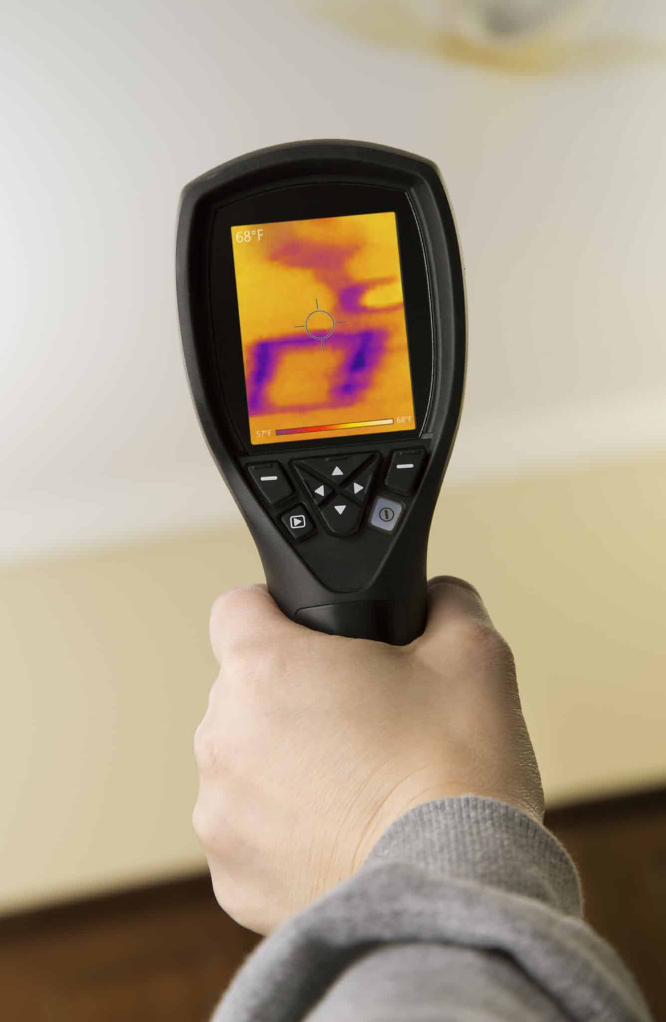 Leaking pipe and inspector looking at the damage through a thermal imaging camera, Leak Detection Tips.