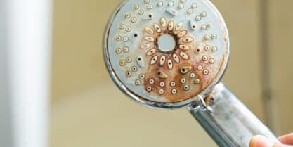 Hard water and scale buildup on a shower head affecting your plumbing system.