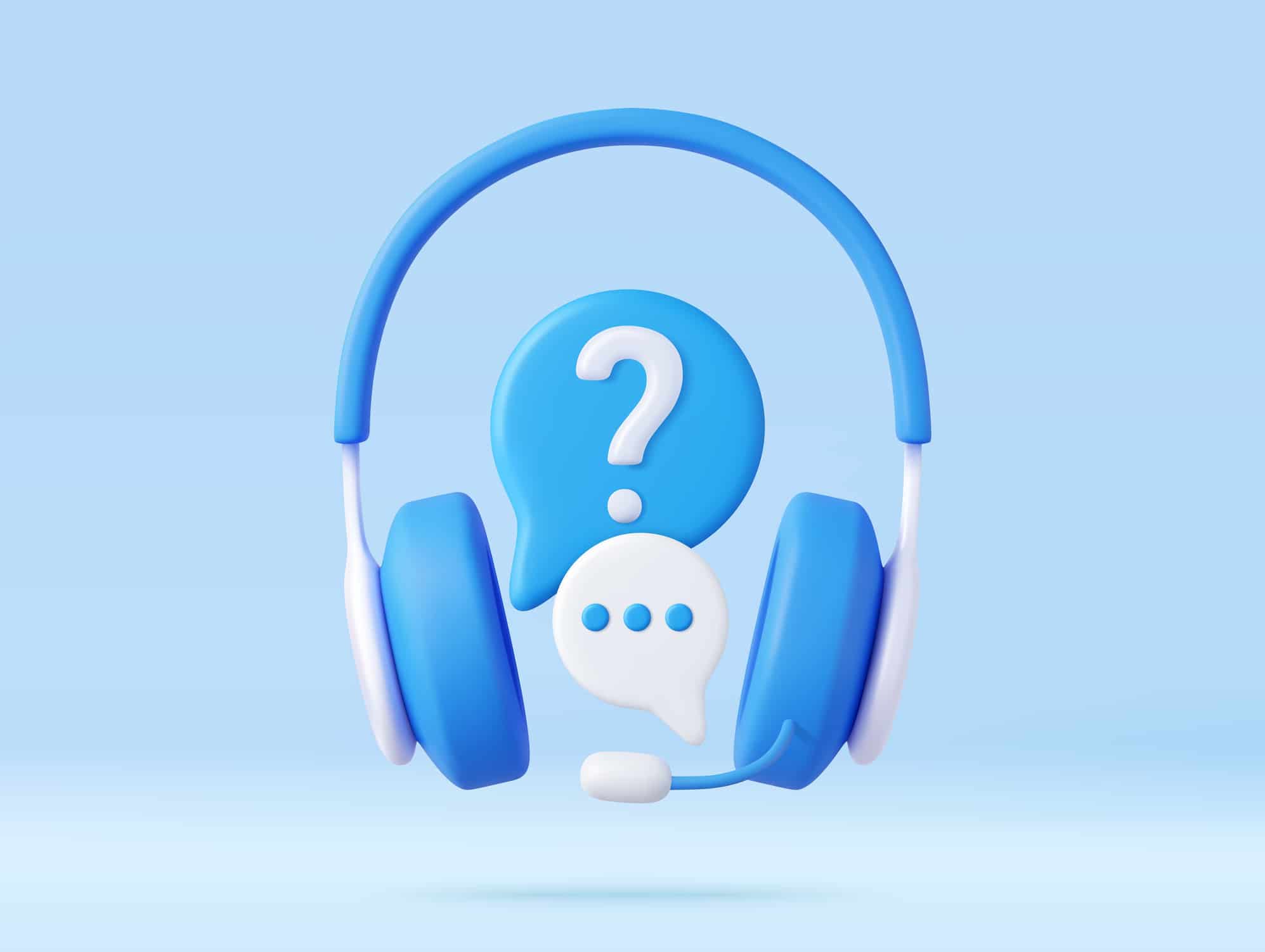 Headphones and a speech bubble message icon on a blue background, representing when homeowners should call a professional toilet flange repair service in San Antonio, TX.